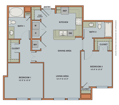Floor plan for 2 beds, 2 baths, 1081 sqft